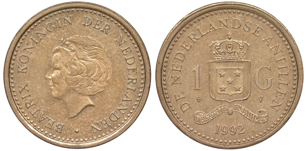 Нидерландские Антилы 1 гульден 1992 Беатрикс (1980-2013) KM 37 позолоченная сталь 25-1944