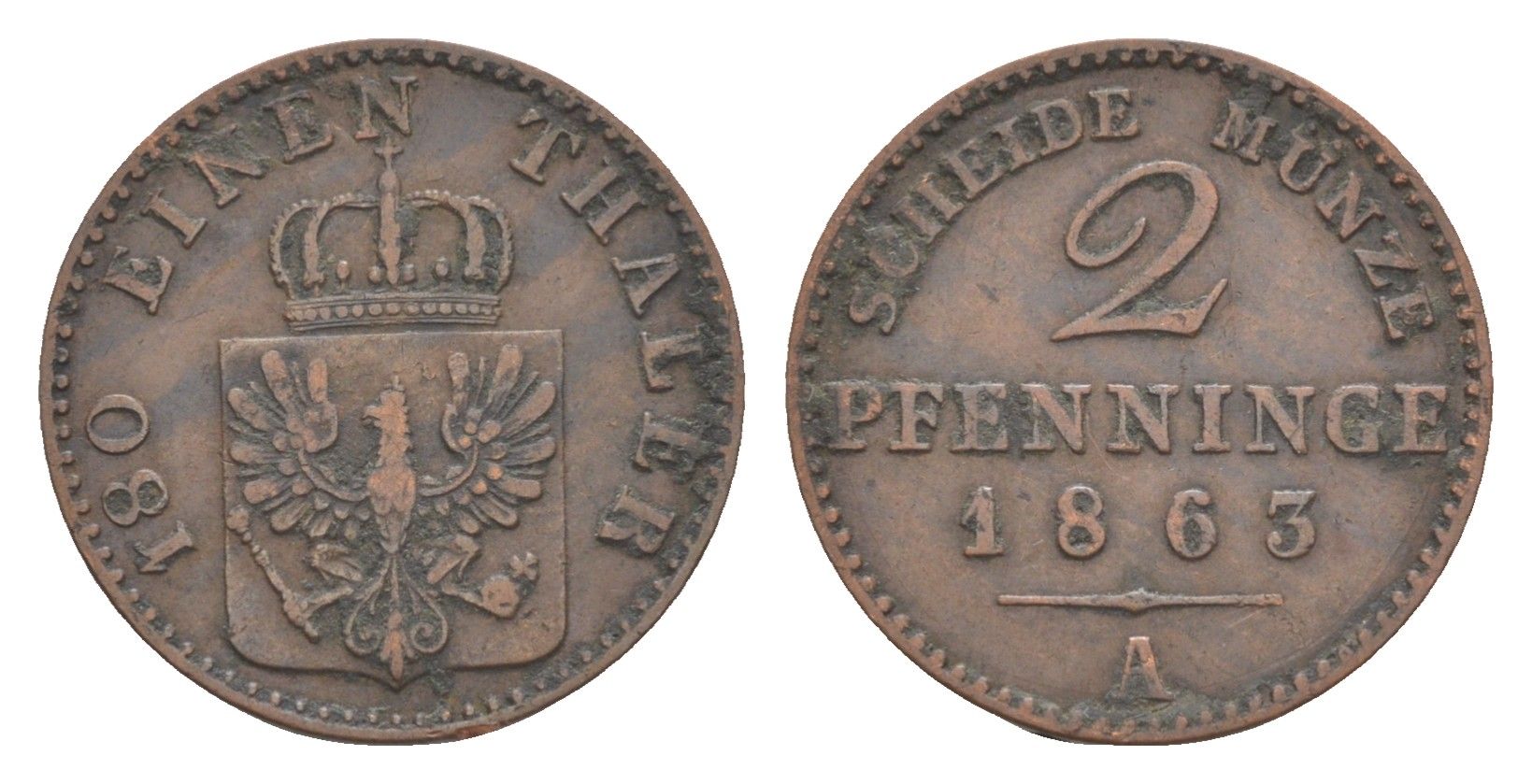 Пруссия 2 пфеннига 1863 A, Вильгельм I (1861-1888) KM 481, Jaeger 51, AKS 107, Olding 425 медь 4651-315