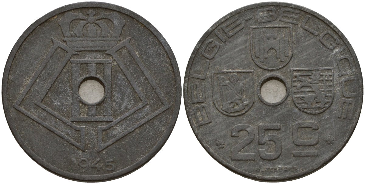 Бельгия 25 сантимов 1945 Belgie - Belgique, Леопольд III (1934-1947), германская оккупация, Вторая мировая война KM 132 цинк 4157-643