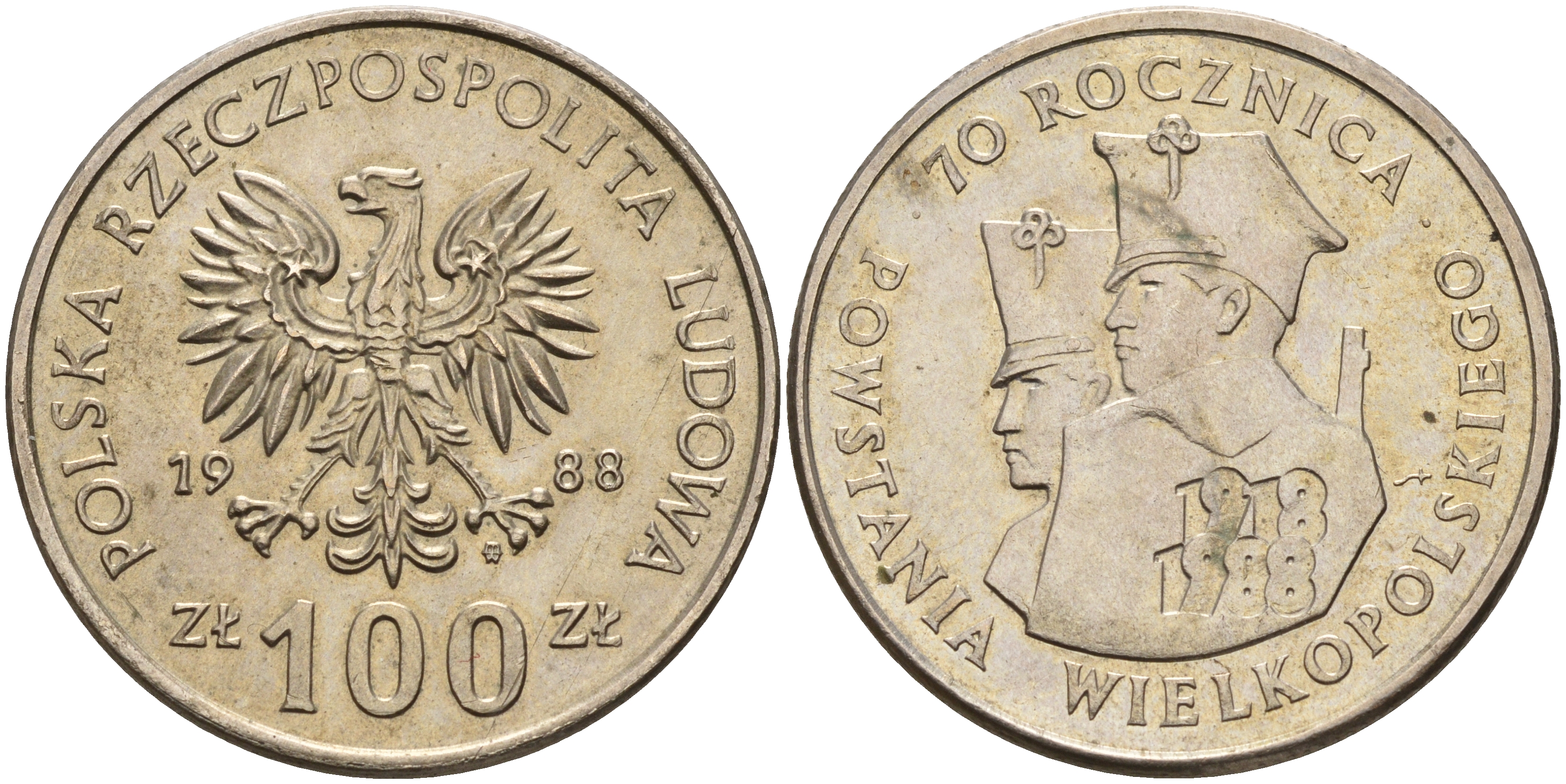 Польша 100 злотых 1988 70 лет великопольского восстания KM 182 медно-никель  UNC  4157-331