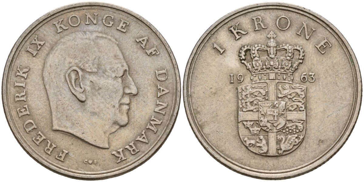 Дания 1 крона 1963 C;S, Фредерик IX (1947-1972) KM 851 медно-никель 4187-1156
