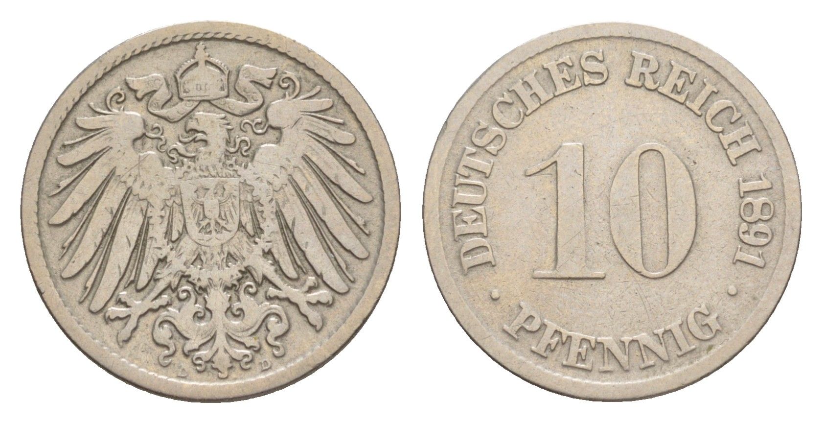 Германия 10 пфеннигов 1891 D, Вильгельм II (1888-1918) KM 12, J. 13 медно-никель 4640-227