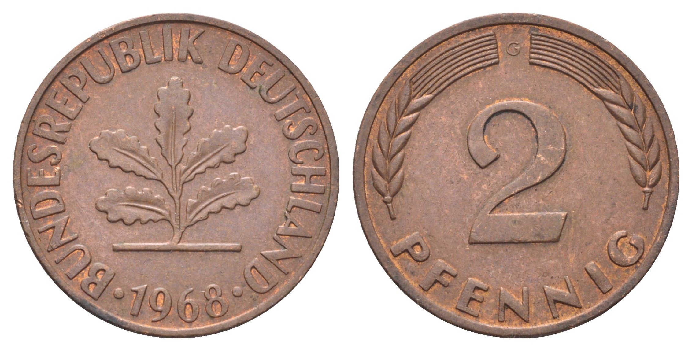 ФРГ 2 пфеннига 1968 G KM 106a, J.381a сталь плакированная медью 4697-551