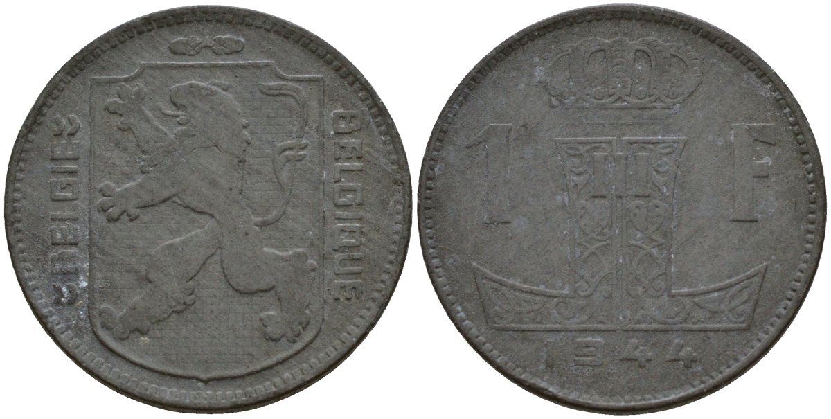 Бельгия 1 франк 1944 Belgie - Belgique, Леопольд III (1934-1947), германская оккупация, Вторая мировая война KM 128 цинк 4161-543