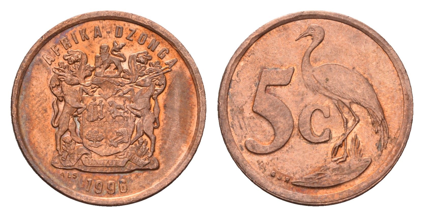 ЮАР 5 центов 1996 герб, райский журавль KM 160 сталь плакированная медью UNC 4643-341