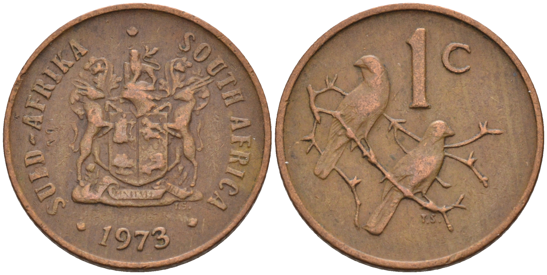 ЮАР 1 ЦЕНТ 1973 ГЕРБ, КАПСКИЕ ВОРОБЬИ KM 82 бронза 4588-1254