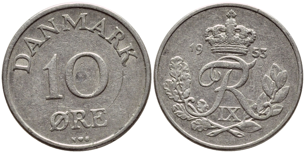Дания 10 эре 1953 N; S, Фредерик IX (1947-1972) KM 841.1 медно-никель 4398-916