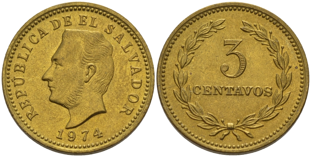 Сальвадор 3 сентаво 1974 год тип, Франсиско Морасан KM 148 никель-латунь UNC 66-813