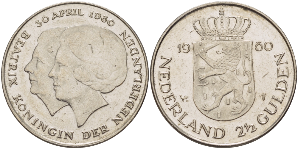 Нидерланды 2 1/2 гульдена 1980 коронация Беатрикс, 30 апреля 1980 KM 201 никель 38-112