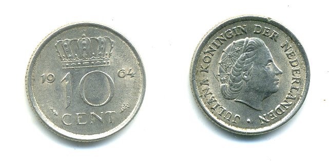 НИДЕРЛАНДЫ 10 ЦЕНТОВ 1964 ЮЛИАНА KM 182 никель 76-337