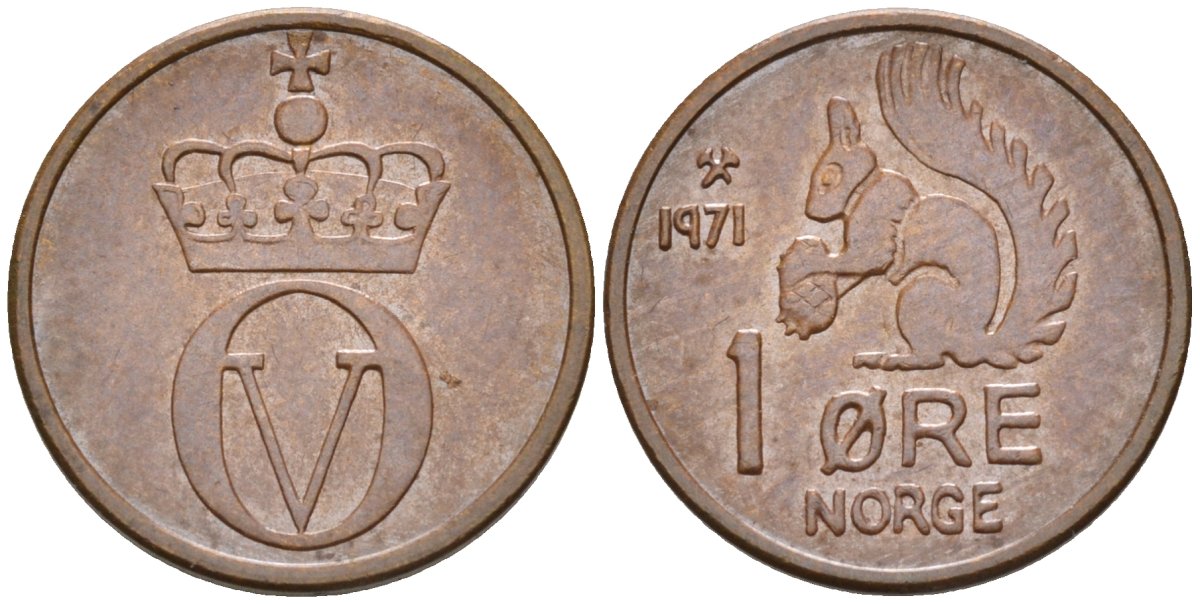 Норвегия 1 эре 1971 белка, Улаф V (1958-1991) KM 403 бронза UNC 4580-948
