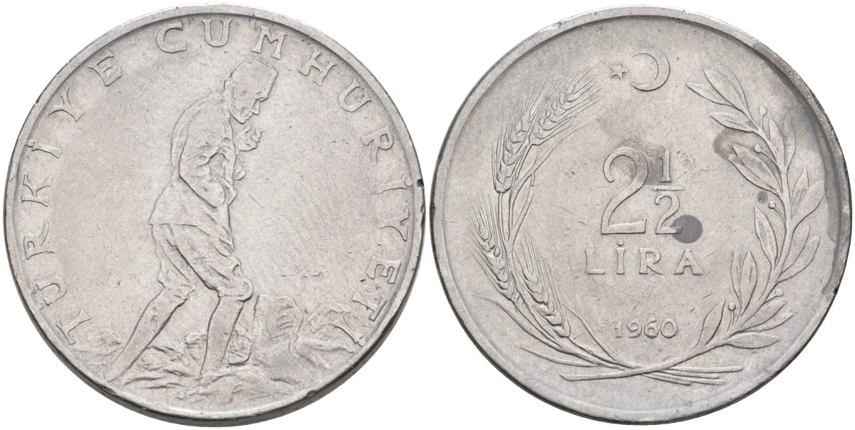 Турция 2 1/2 лиры 1960 KM 893.1 нержавеющая сталь 4574-1036