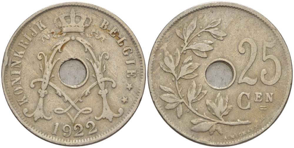 БЕЛЬГИЯ 25 САНТИМОВ 1922 BELGIE KM 69 медно-никель 4546-143
