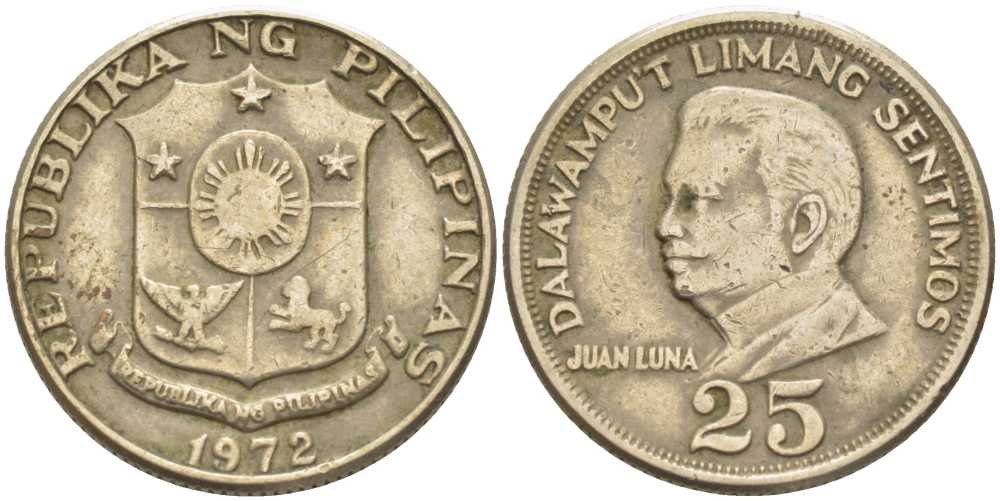ФИЛИППИНЫ 25 СЕНТИМО 1972 ХУАН ЛУНА ФИЛИППИНСКИЙ ХУДОЖНИК, РЕВОЛЮЦИОНЕР KM 199 медь никель цинк 61-642