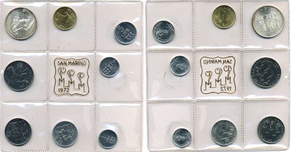 Сан-Марино годовой набор из 8 монет 1972 1, 2, 5, 10, 20, 50, 100 и 500 лир мать поднимает ребенка в воздух KM 14-21, в оригинальной пластиковой запайке серебро KM MS1 серебро UNC 5-4-3-52