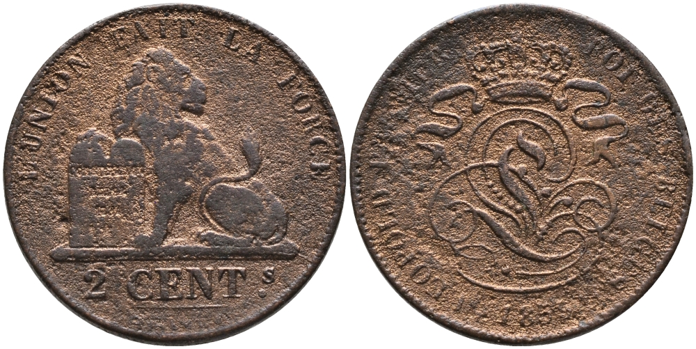 БЕЛЬГИЯ 2 САНТИМА 1859 BELGES KM 4.2 медь 95-653