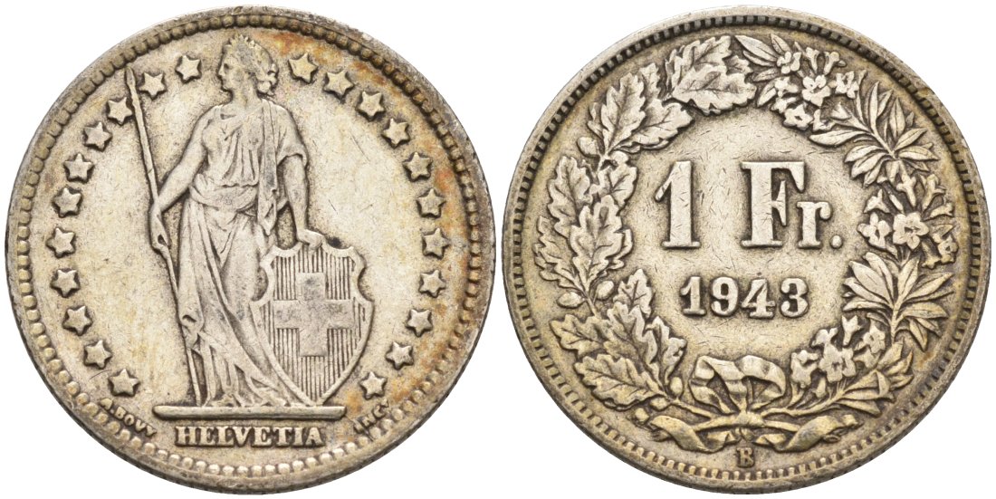 Швейцария 1 франк 1943 В KM 24 серебро 92-1247