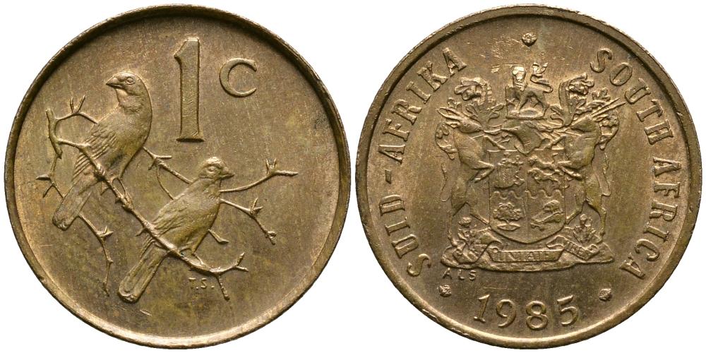 ЮАР 1 цент 1985 герб, капские воробьи KM 82 бронза 4549-444