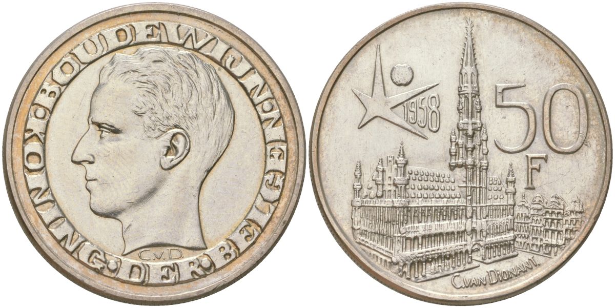 Бельгия 50 франков 1958 Международная выставка Экспо 1958 в Брюсселе, DER BELGEN, Бодуэн I (1951-1993) KM 151, LA BFM-188, Mor 543, Schoen 120 серебро 4587-724