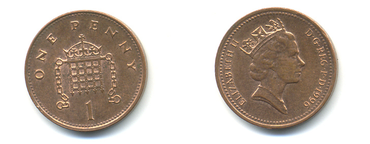 Великобритания 1 пенни 1996 Елизавета II (1952-2022) KM 935a, Spink 4391 (B4) сталь плакированная медью 177-1142