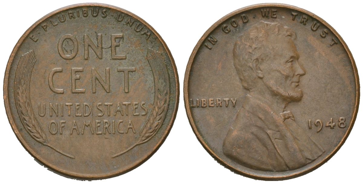 США 1 цент 1948 Авраам Линкольн  KM 132 бронза 214-555