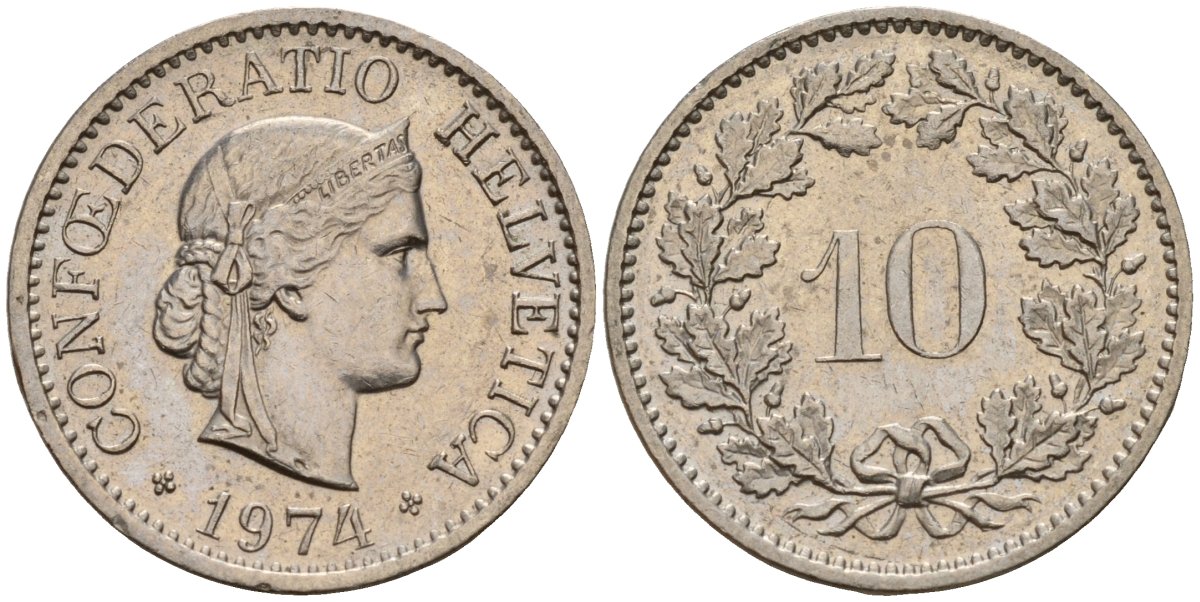 Швейцария 10 раппенов 1974 KM 27 медно-никель 4189-423