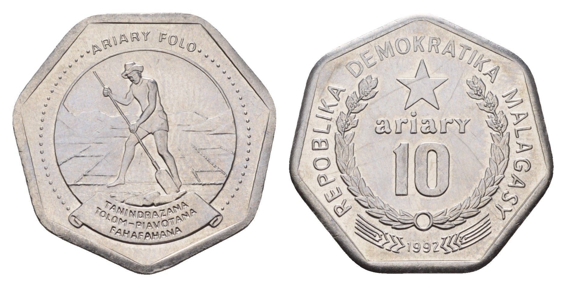 Мадагаскар 10 ариари 1992 KM 18 сталь плакированная никелем UNC 25-1812