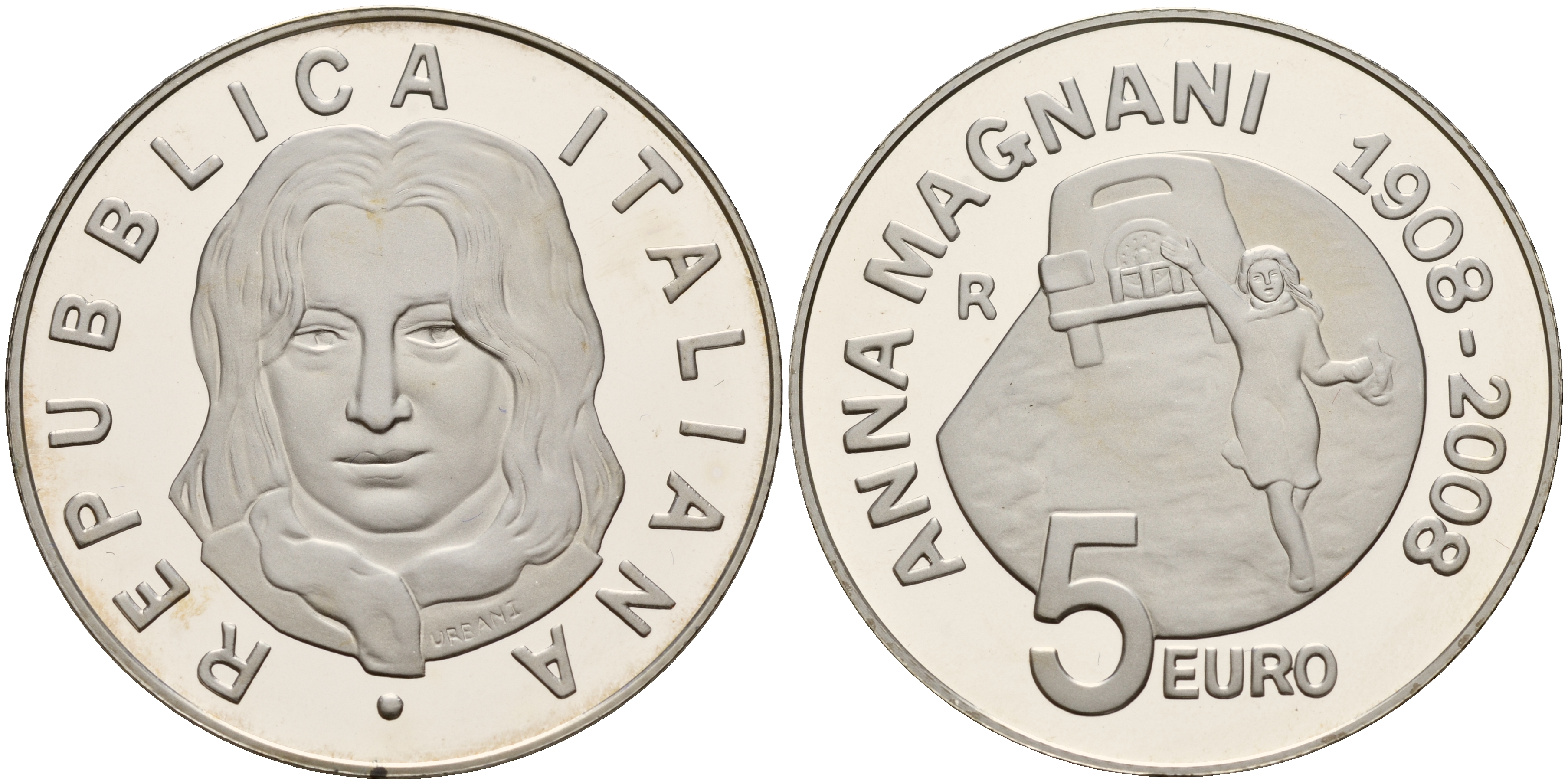 Италия 5 евро 2008 R, 100 лет Анне Маньяни, в оригинальной коробке с сертификатом KM 303 серебро 2-4-2-28