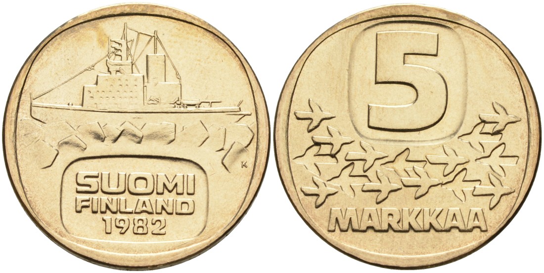 Финляндия 5 марок 1982  KM 57 алюминиевая бронза    UNC 217-1227