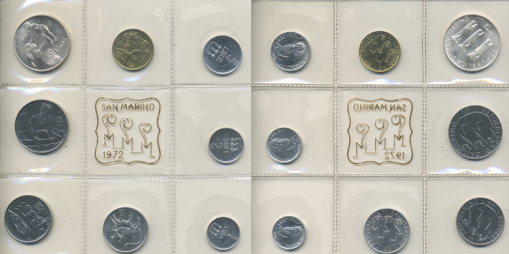 Сан-Марино годовой набор из 8 монет 1972 1, 2, 5, 10, 20, 50, 100 и 500 лир мать поднимает ребенка в воздух KM 14-21, в оригинальной пластиковой запайке серебро KM MS1 серебро UNC 3-6-3-65