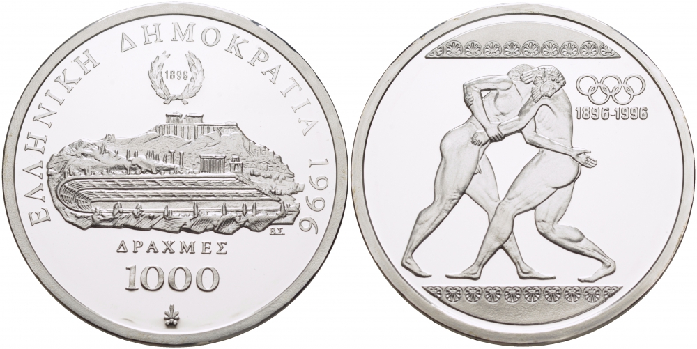 Греция 1000 драхм 1996 ОЛИ100 лет Олимпийским играм - Борьба KM 166 серебро PROOF 1068-2-24