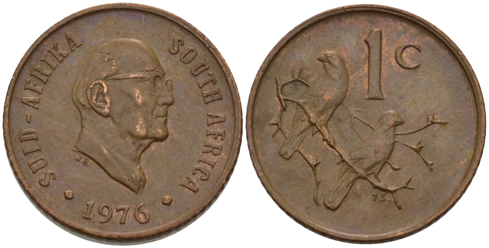 ЮАР 1 ЦЕНТ 1976 ПРЕЗИДЕНТ ЯКОБУС ЙОХАННЕС ФУШЕ, КАПСКИЕ ВОРОБЬИ KM 91 бронза 66-243