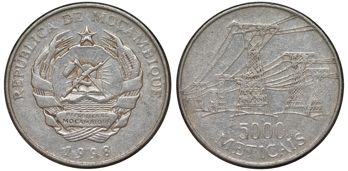 Мозамбик 5000 метикалей 1998 ЛЭП KM 124 никелированная сталь 4162-542