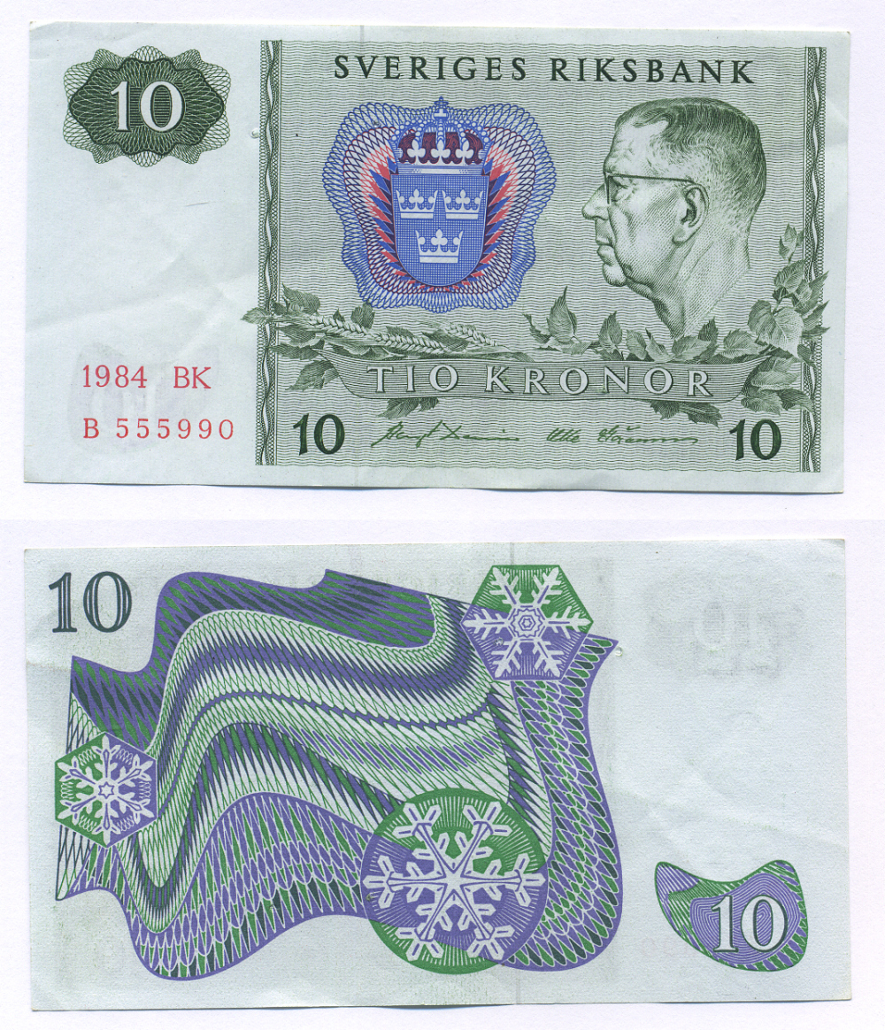 ШВЕЦИЯ 10 КРОН 1984 СЕРИЯ BK, ГУСТАВ VI АДОЛЬФ Pick 52е бумага 6266-5-1-1