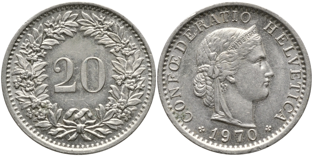 Швейцария 20 раппенов 1970 KM 29a медно-никель 4392-1259