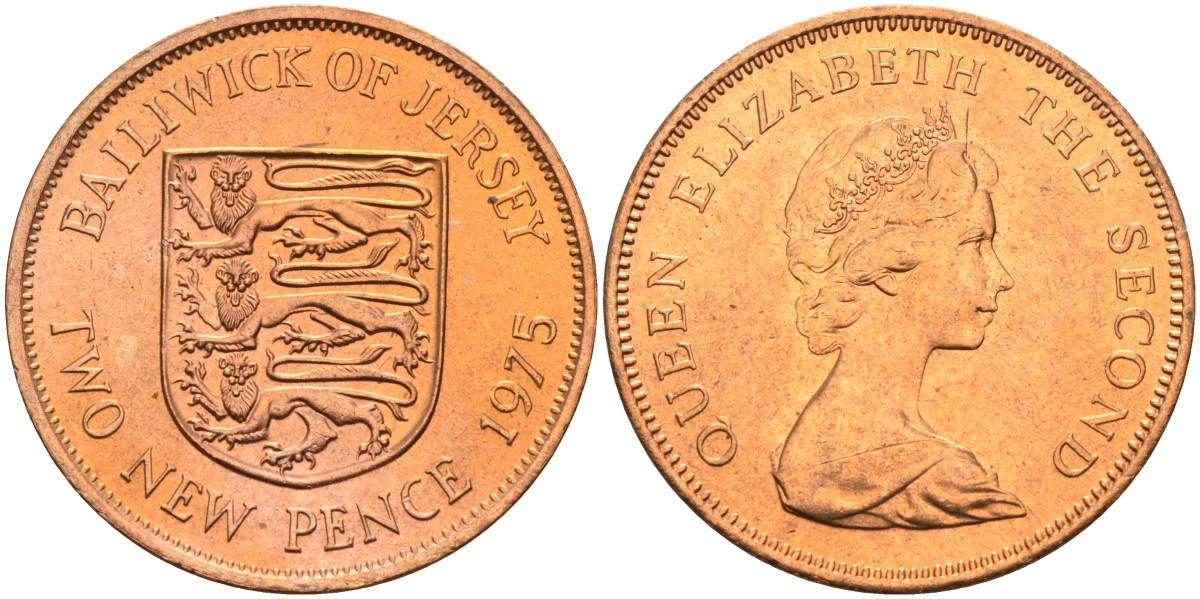 Джерси 2 пенса 1975 герб, Елизавета II (1952-2022) KM 31 бронза UNC 4367-441