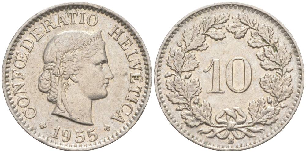 ШВЕЙЦАРИЯ 10 РАППЕНОВ 1955 В KM 27 медно-никель 55-246