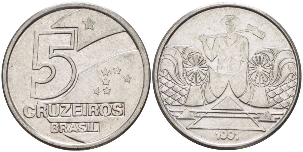 Бразилия 5 крузейро 1990 фермер KM 618.1 нержавеющая сталь 3851-952