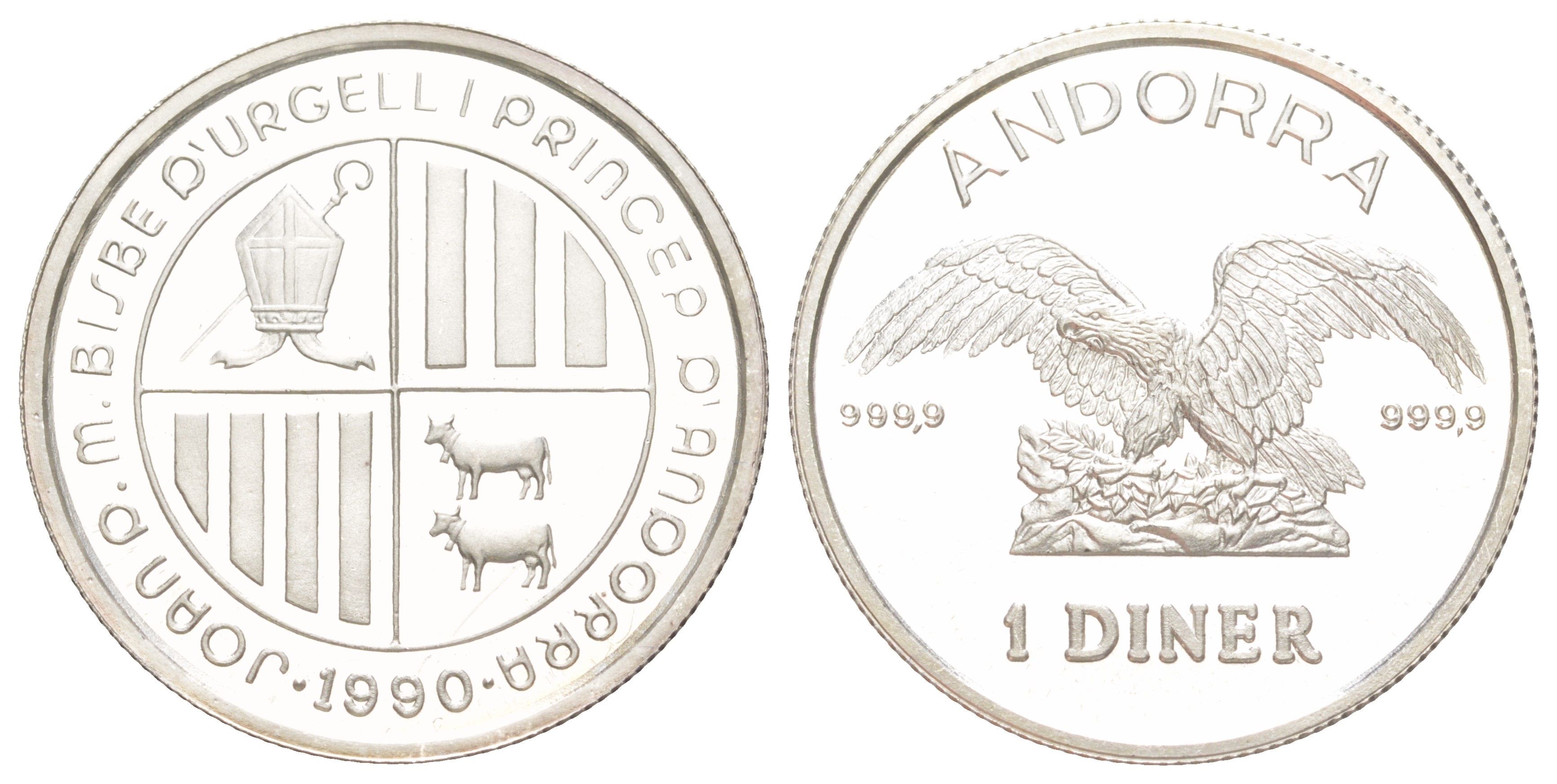 Андорра 1 динер 1990 Беркут, тираж 3.000 экземпляров KM 66 серебро BU 441-235