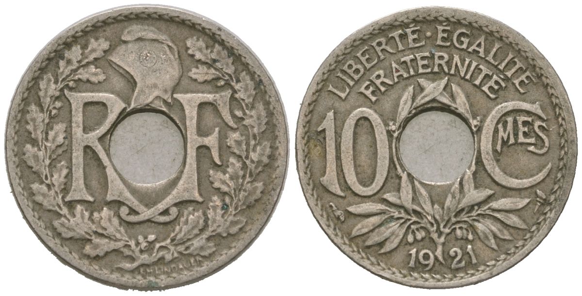 Франция 10 сантимов 1921 тип Линдайё KM 866a, Le Franc 138.3 медно-никель 4615-648