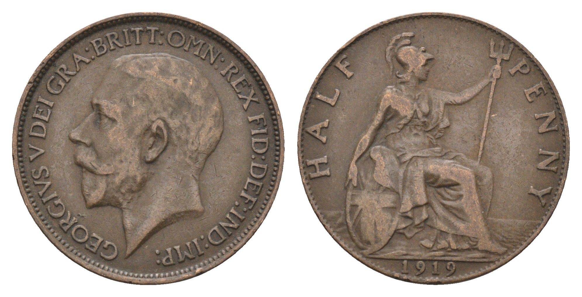 Великобритания 1/2 пенни 1919 Георг V (1910-1936) KM 809, Spink 4056 бронза 4662-1027