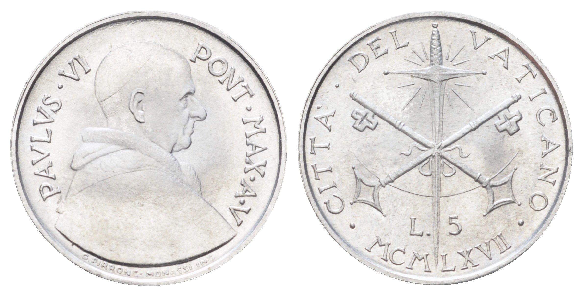 Ватикан 5 лир 1967 MCMLXVII, год-тип KM 94 алюминий UNC 4701-465