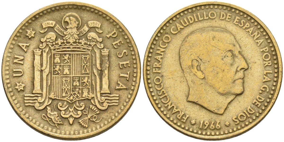 Испания 1 песета 1966 (67) Франсиско Франко (1939-1975) KM 796 алюминиевая бронза 4604-146