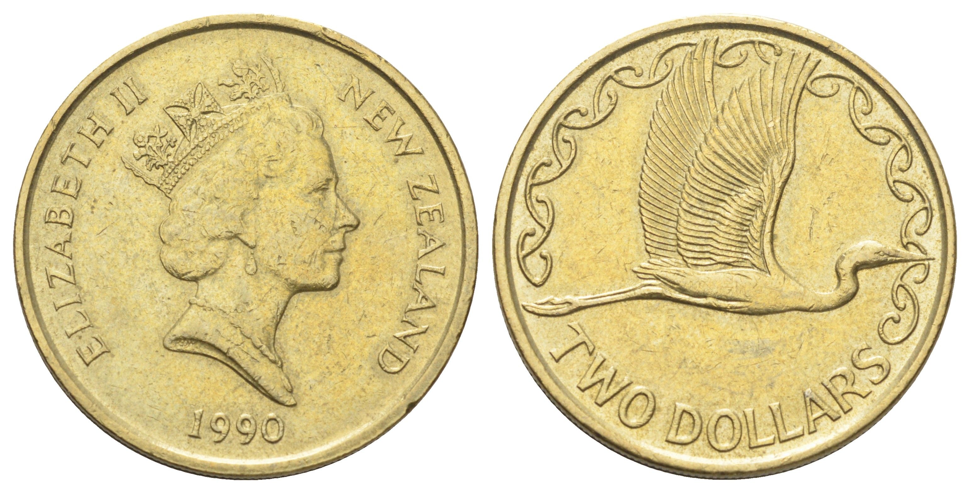 Новая Зеландия 2 доллара 1990 Елизавета II (1952-2022), большая белая цапля KM 79 алюминиевая бронза 4699-1112