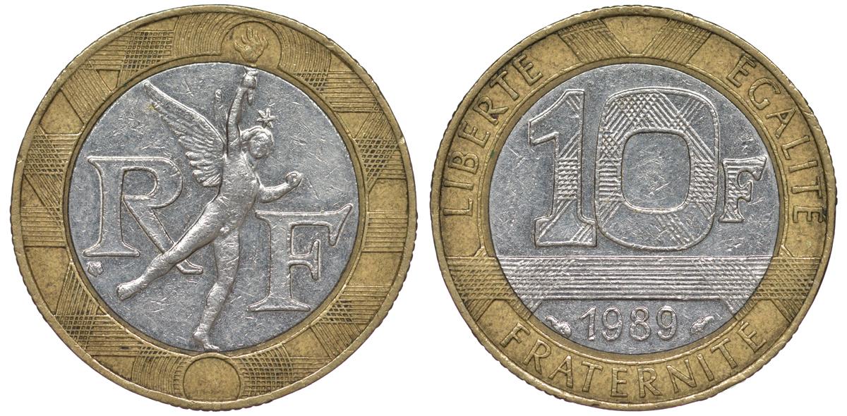 Франция 10 франков 1989 тип гений Бастилии KM 964.1, Le Franc 375.3 биметалл  45-632