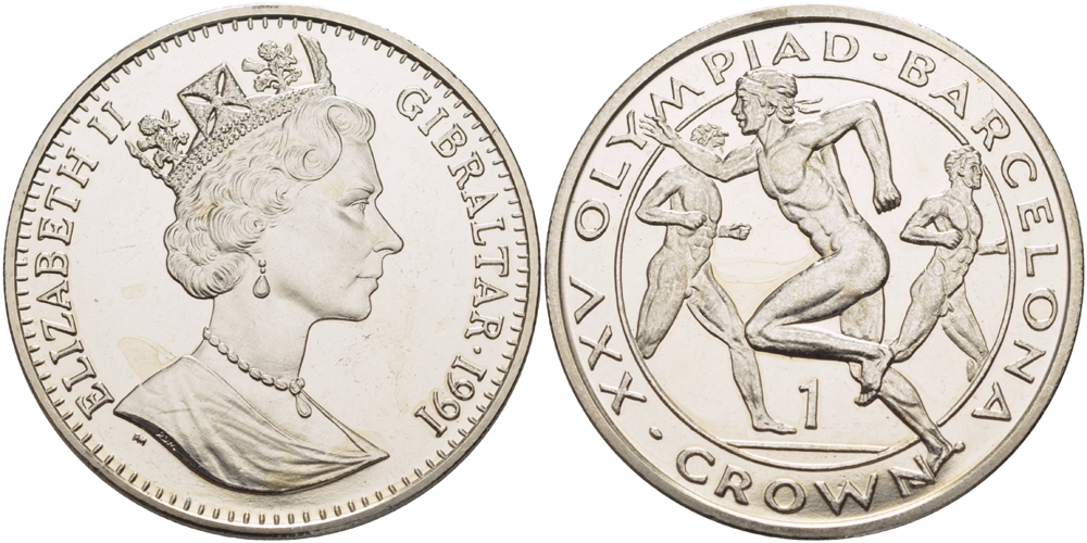 Гибралтар 1 крона 1991 XXV Олимпийские игры 1992 года в Барселоне, легкая атлетика, бег KM 68 медно-никель UNC 1084-8-44