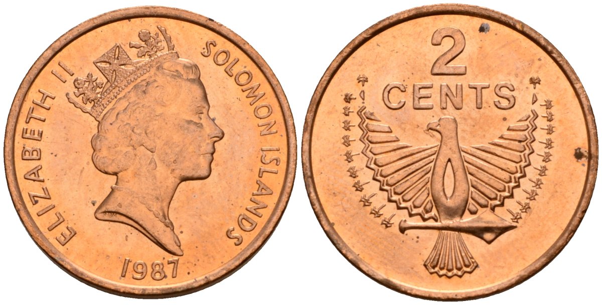 Соломоновы Острова 2 цента 1987 Елизавета II (1953-) KM 25 сталь плакированная бронзой aUNC 190-941