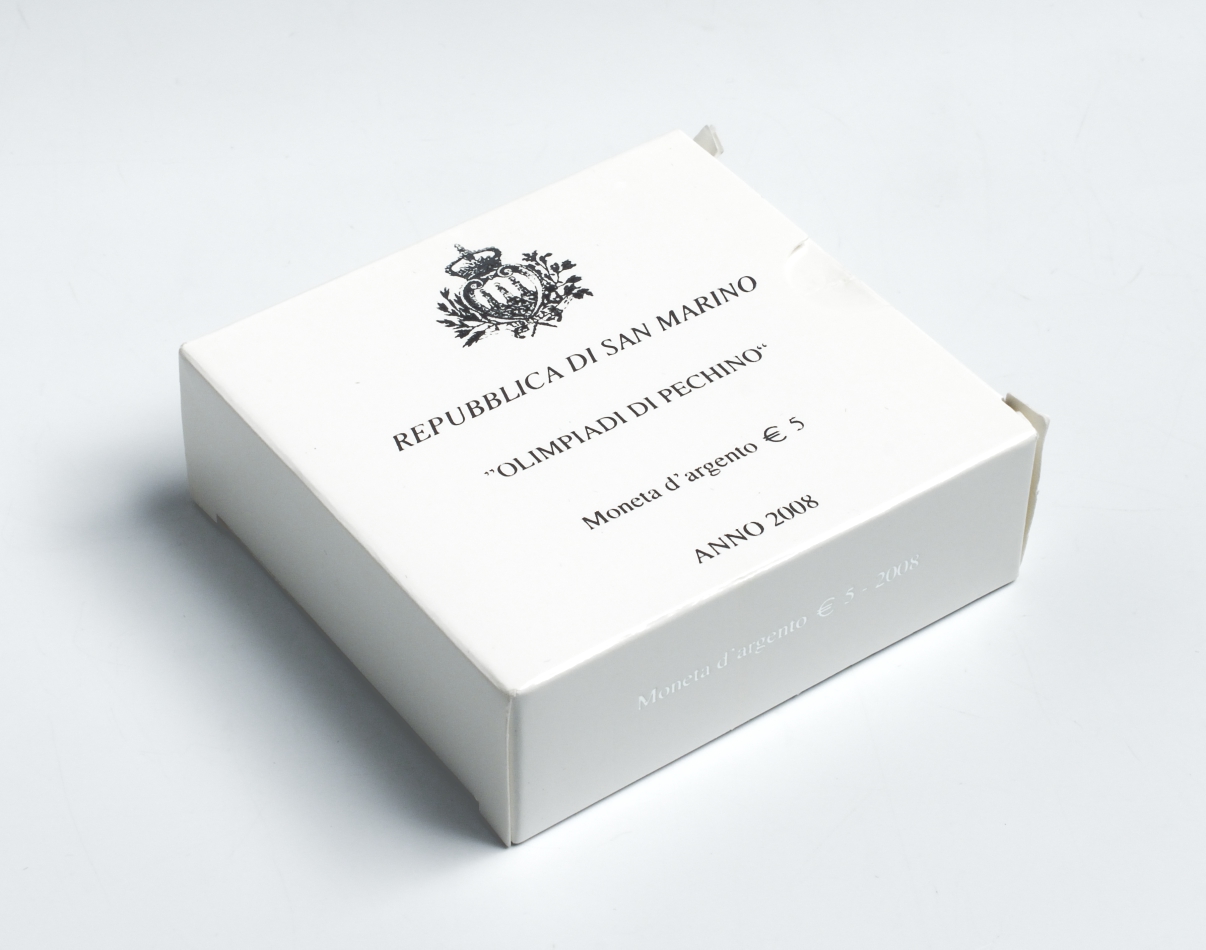 Сан-Марино 5 евро 2008 Олимпиада в Пекине, танец с лентами, в коробке с сертификатом KM 513 серебро PROOF 2-5-2-8