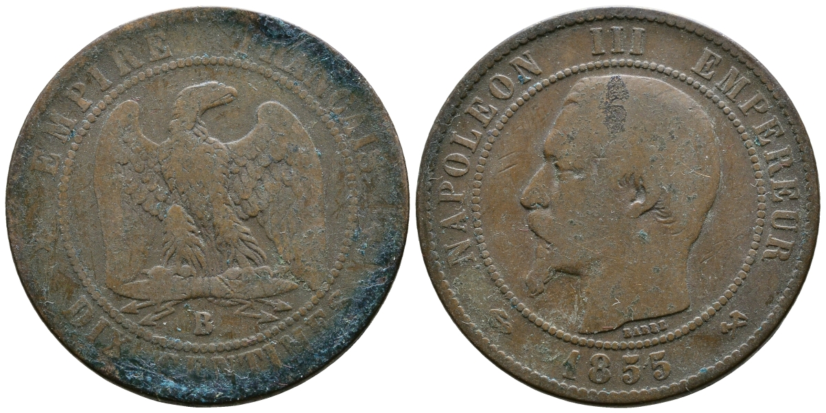 ФРАНЦИЯ 10 САНТИМОВ 1855 B, НАПОЛЕОН III (1852-1870) KM 771.2, LE FRANC 133.21 бронза 4179-1145