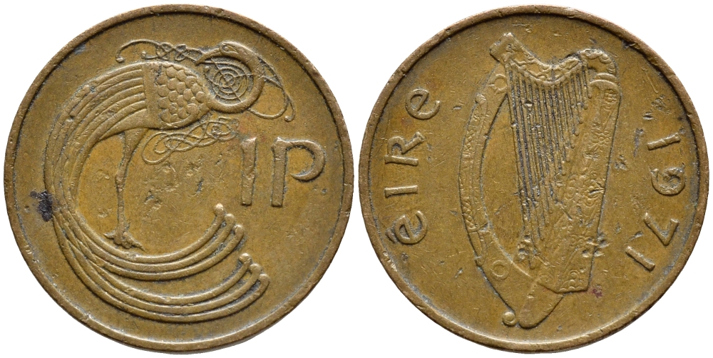 ИРЛАНДИЯ 1 ПЕННИ 1971 ПТИЧКА KM 20 бронза 4397-134